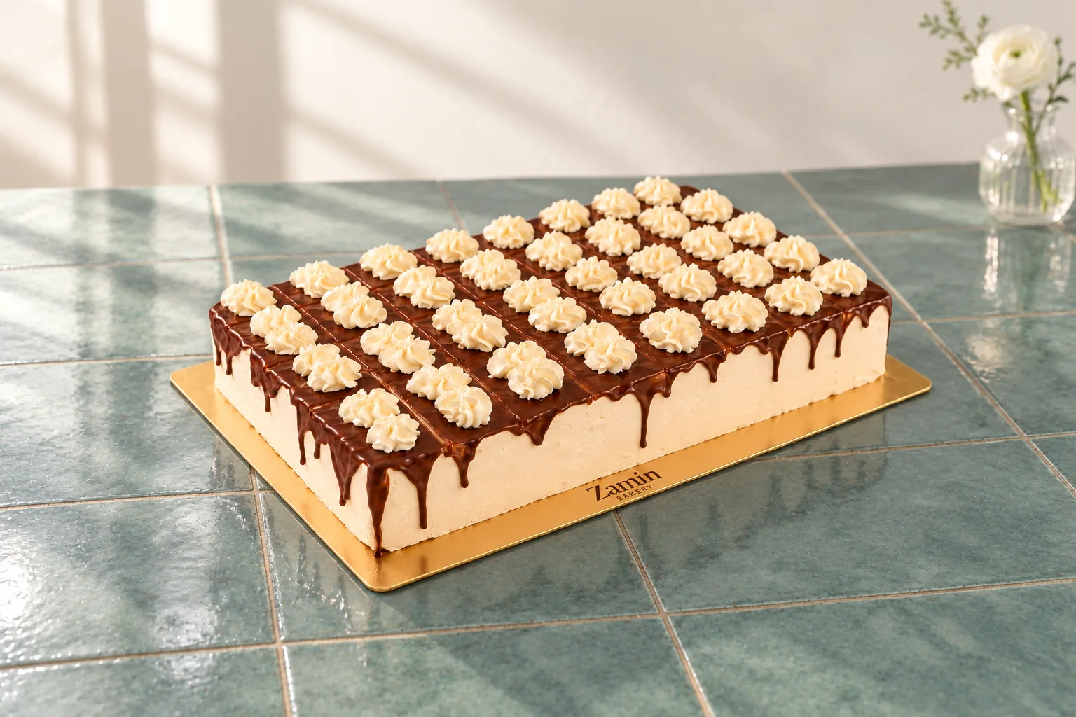 Dark-glazed cake with cream rosettes on a Zamin Bakery gold board
