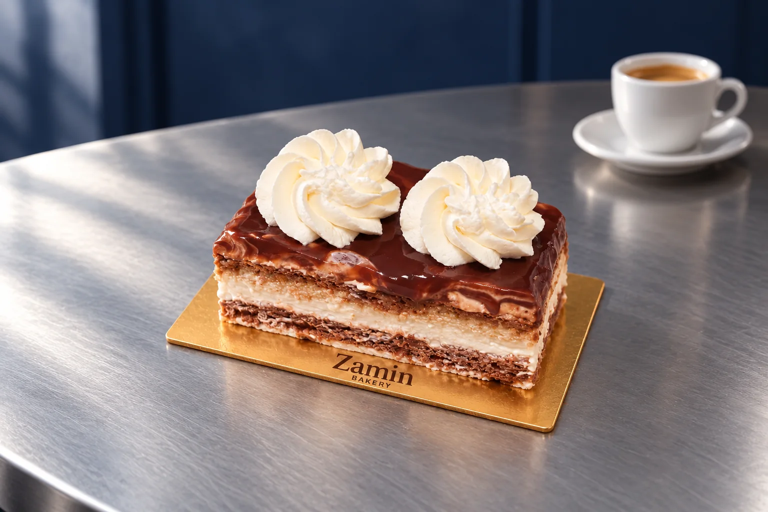 Dark-glazed portion with cream rosettes on a Zamin Bakery gold board