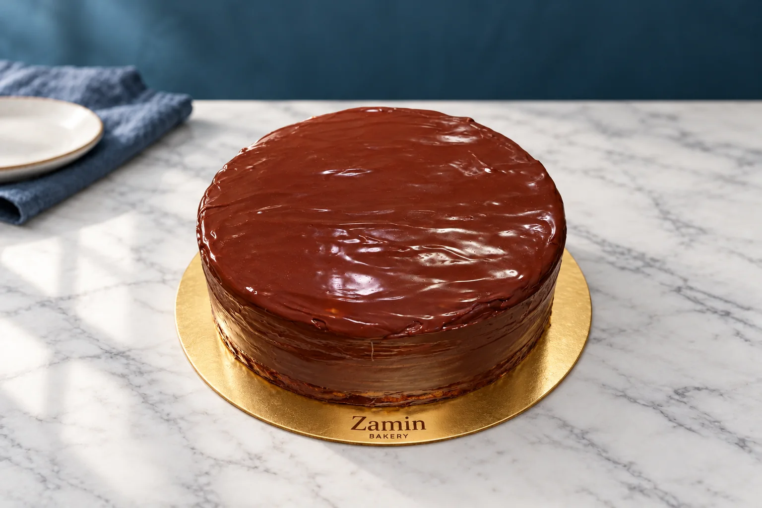Round dark-glazed cake on a Zamin Bakery gold board