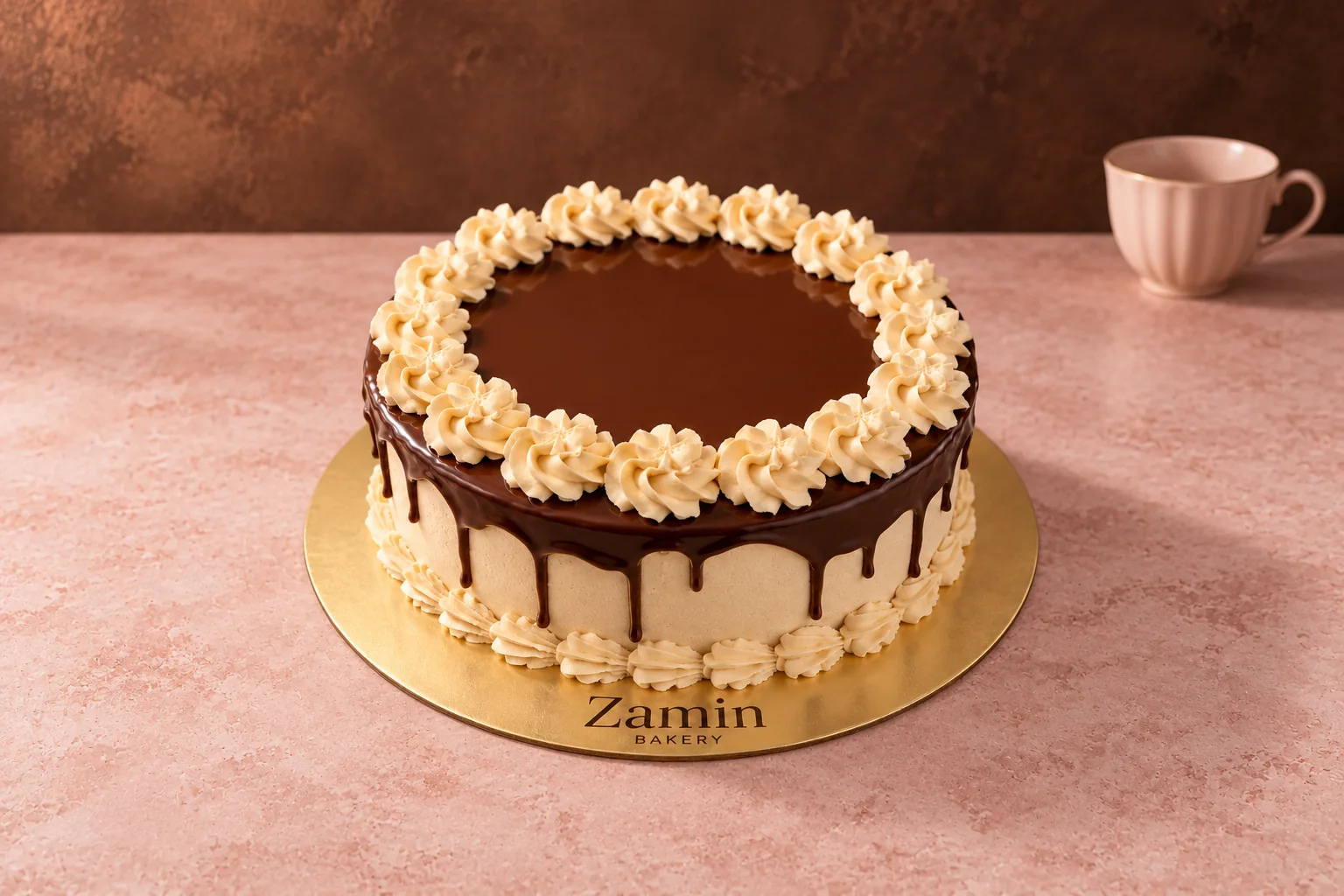 Round dark-glazed cake with cream rosettes on a Zamin Bakery gold board
