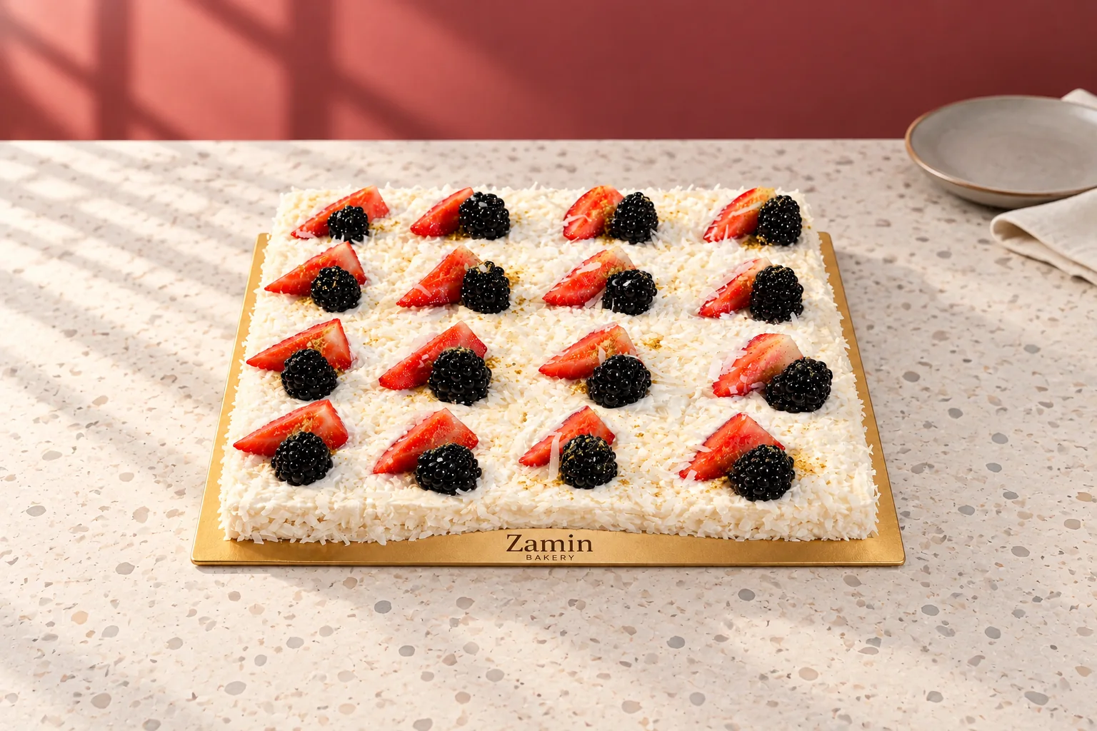 White-flake cake with strawberries and blackberries on a Zamin Bakery gold board