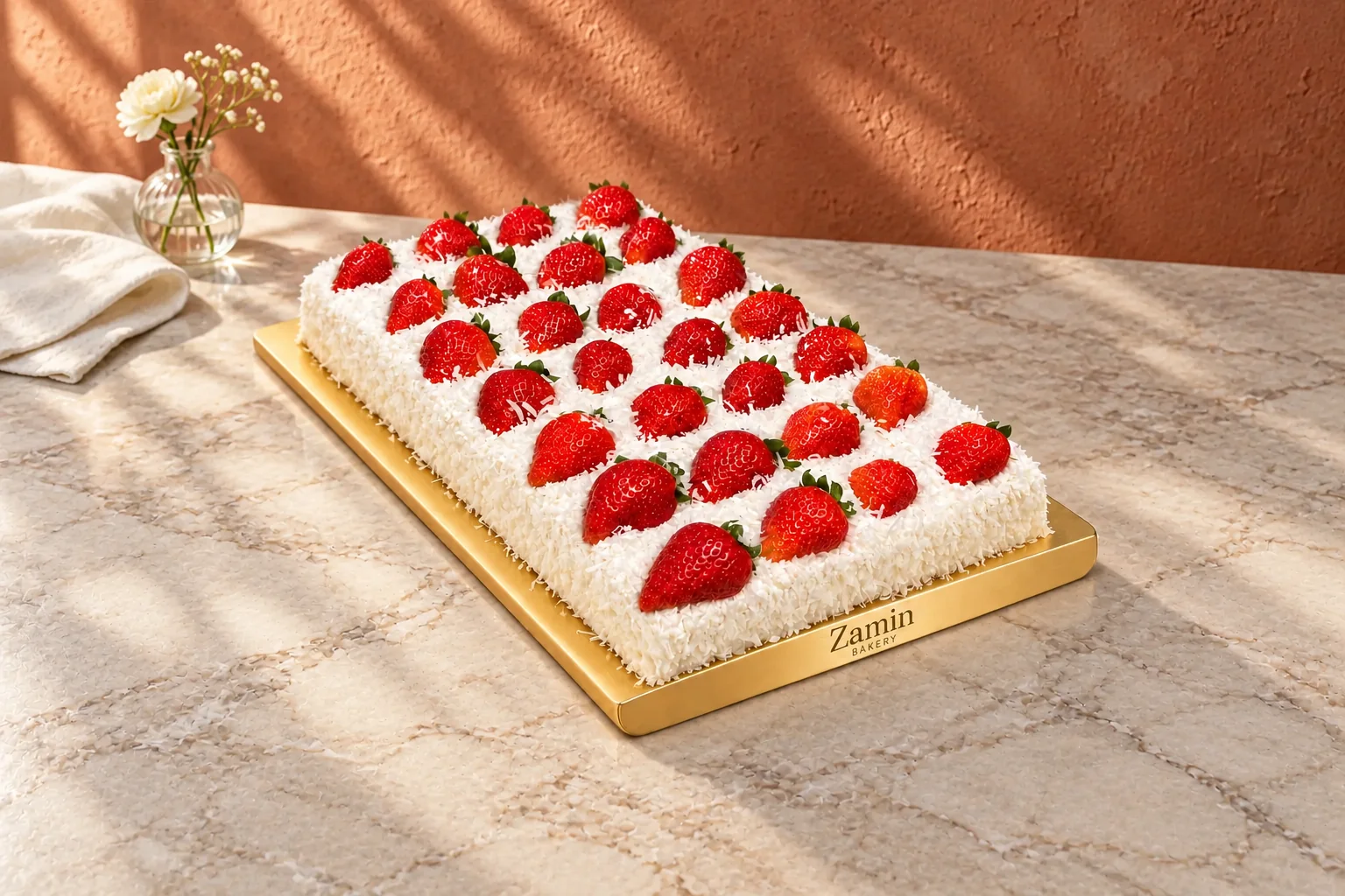 White-flake cake with strawberries on a Zamin Bakery gold board